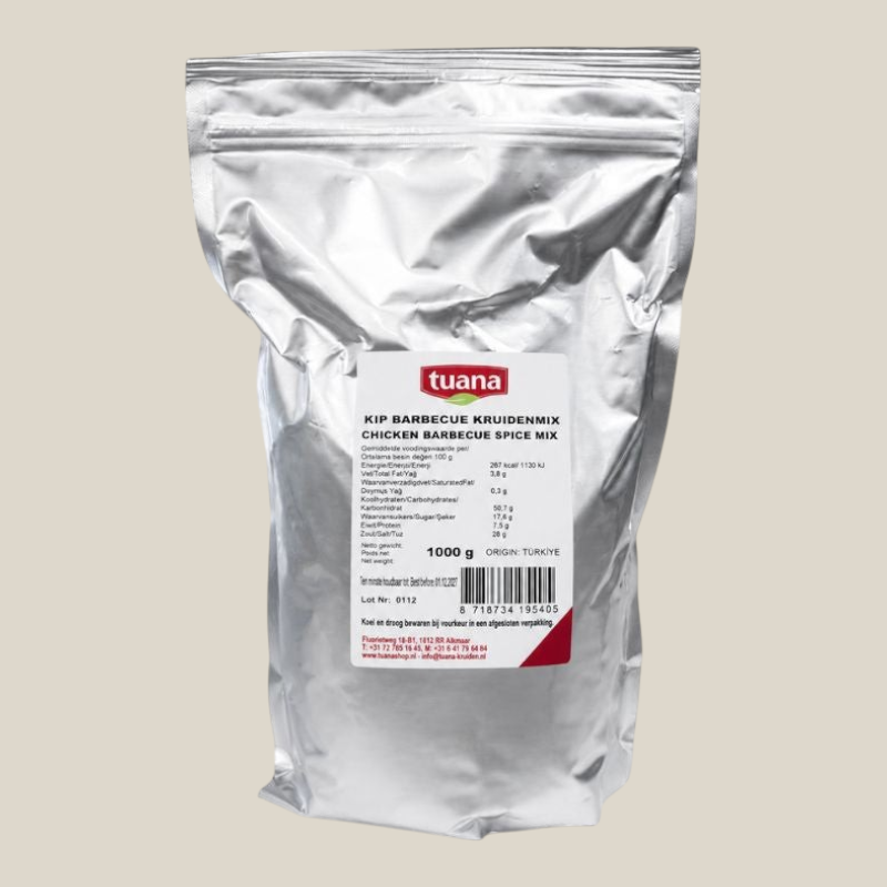 TuanaShop BV Kip Barbecue Kruidenmix in een zilverkleurige stazak van 1000 gram voor het marineren van kip.