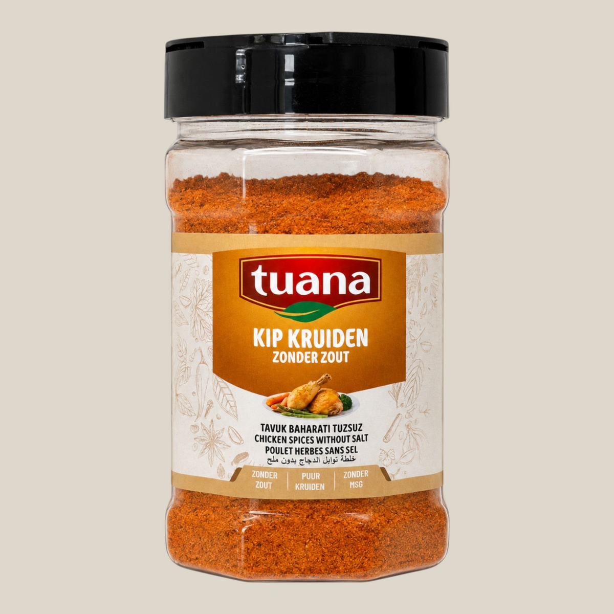 TuanaShop BV Kip Kruiden Zonder Zout in een doorzichtige kruidenpot met zwarte dop en oranje kruidenmix