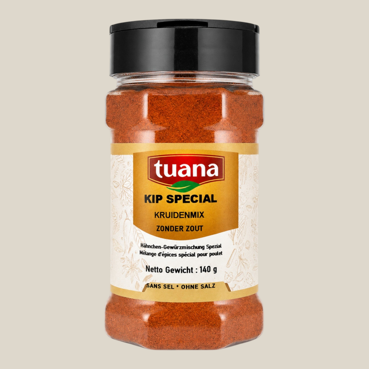 TuanaShop BV Kip Kruiden Speciaal in een doorzichtige kruidenpot met zwarte dop en goudkleurig etiket