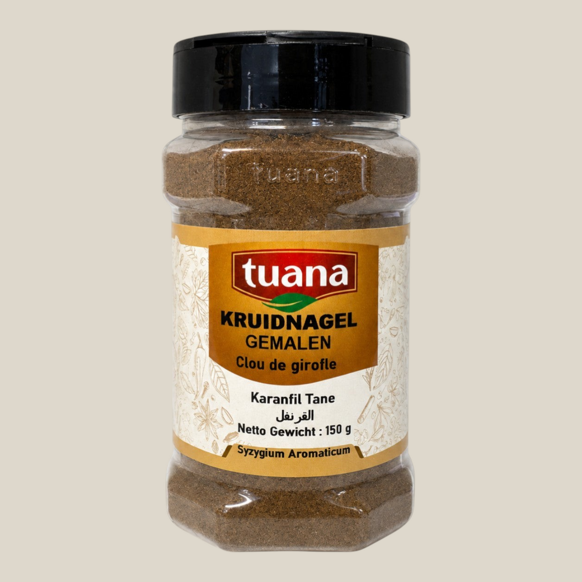 TuanaShop BV gemalen kruidnagel in een doorzichtige kruidenpot met zwart deksel voor een aromatische smaak.