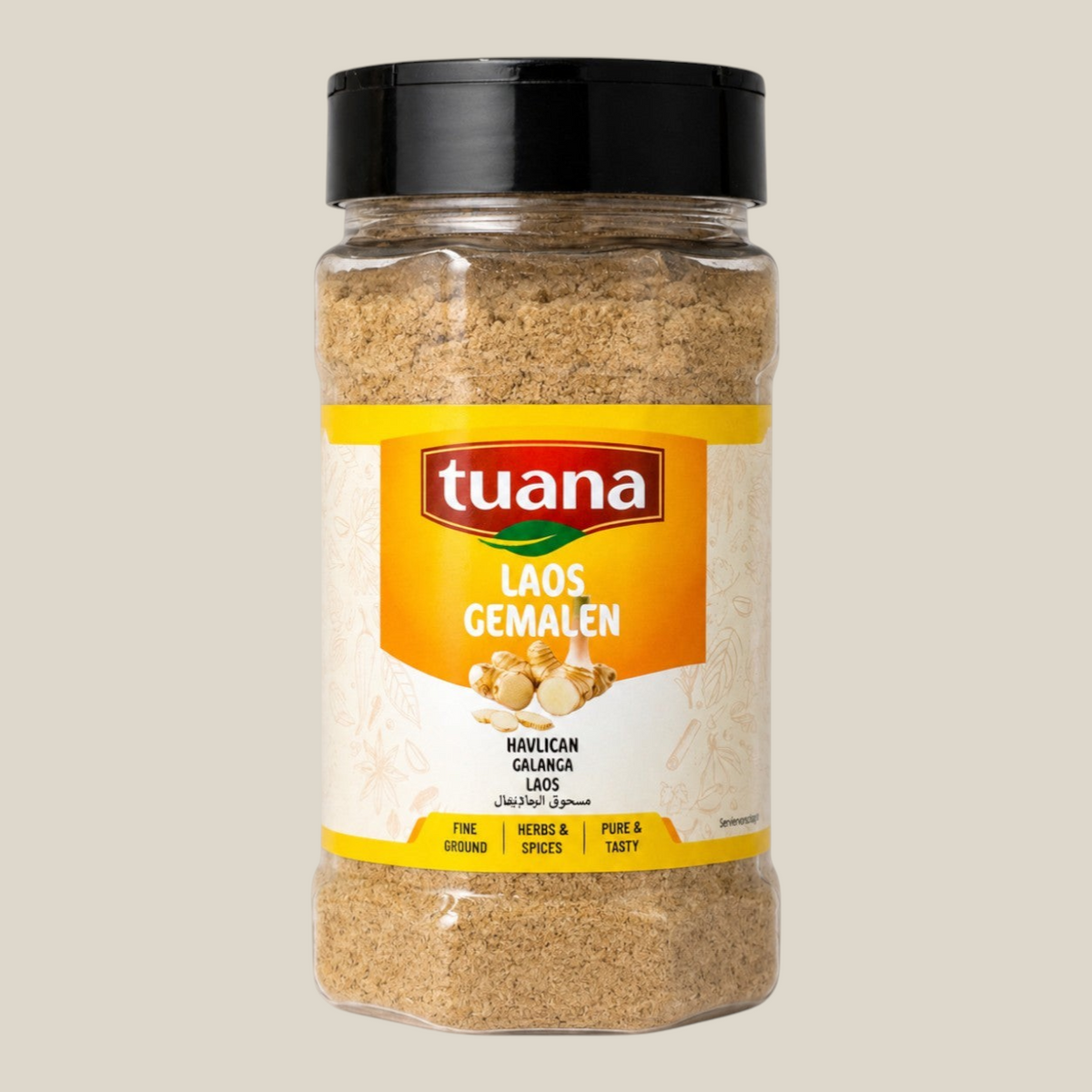 TuanaShop BV pot met gemalen laos kruiden, een essentieel Aziatisch ingrediënt met een frisse, citrusachtige smaak.