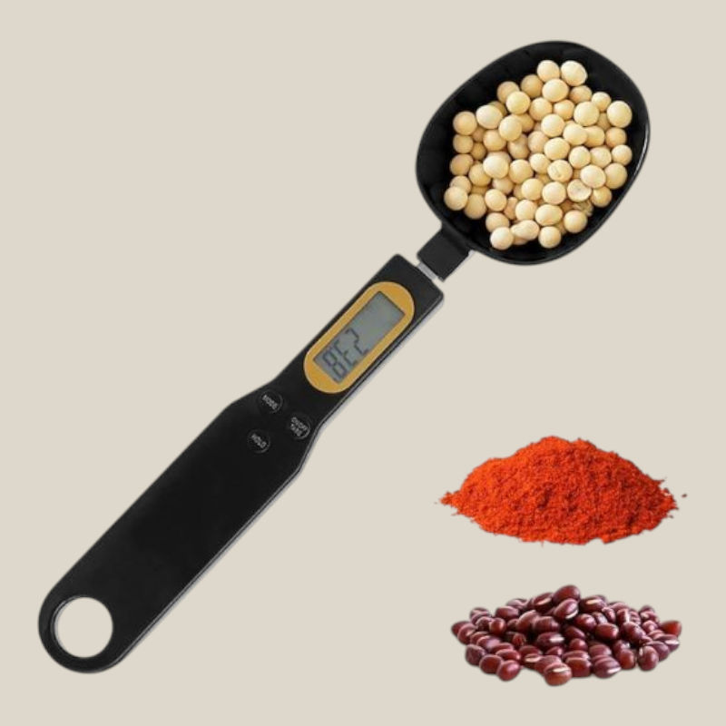 TuanaShop BV zwarte digitale maatlepel met LCD-scherm voor nauwkeurig wegen van kruiden en ingrediënten in de keuken