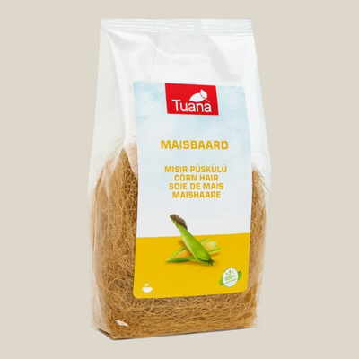 TuanaShop BV Maisbaard thee in een doorzichtige verpakking met gedroogde maïshaartjes voor een natuurlijke infusie.