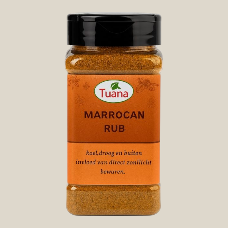 TuanaShop BV Marrocan Rub kruidenmix in een doorzichtige kruidenpot met zwart deksel voor vlees en vis.