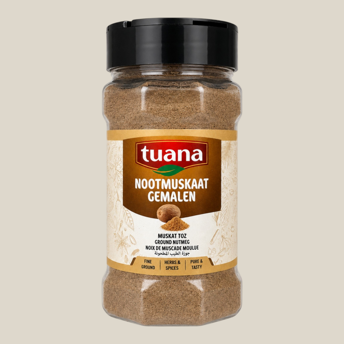 TuanaShop BV gemalen nootmuskaat in een doorzichtige kruidenpot met zwart deksel en beige etiket