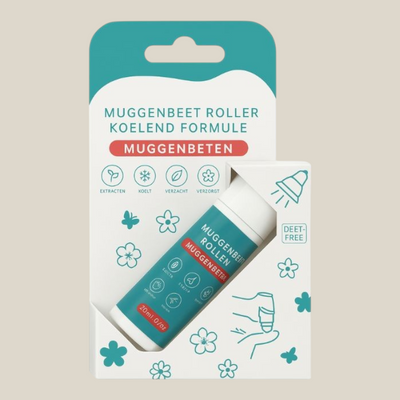 TuanaShop BV Anti Mug Roller met natuurlijke extracten in verpakking voor directe verlichting bij muggenbeten.