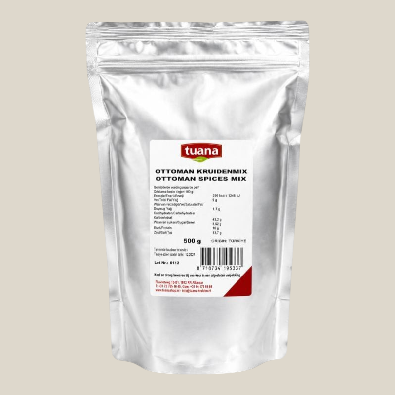 TuanaShop BV Ottoman kruidenmix in een zilverkleurige 500g verpakking met authentieke Turkse specerijen