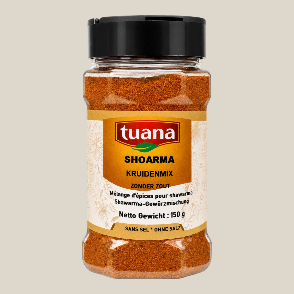 TuanaShop BV pot met shoarma kruidenmix zonder zout, een aromatische specerijenmix voor vlees en kip.
