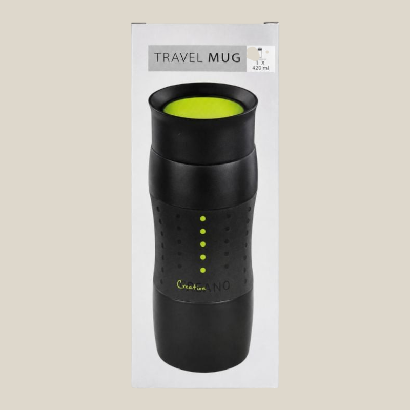 TuanaShop BV Creano Travel Mug 420ml in zwart roestvrij staal met groene accenten en siliconen grip in verpakking