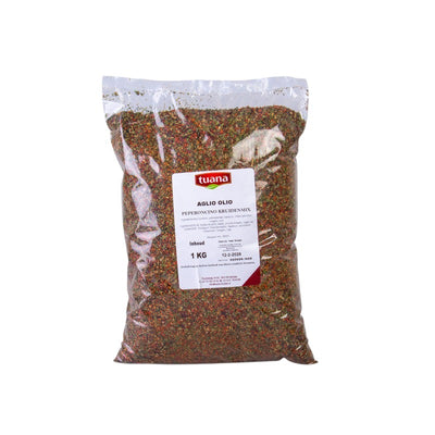 TuanaShop BV Aglio Olio Peperoncino kruidenmix in een transparante 1 kg verpakking met knoflook, chili en kruiden.