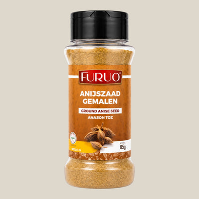 TuanaShop BV Furuo gemalen anijszaad in een transparante kruidenpot met zwarte dop voor bakken en koken
