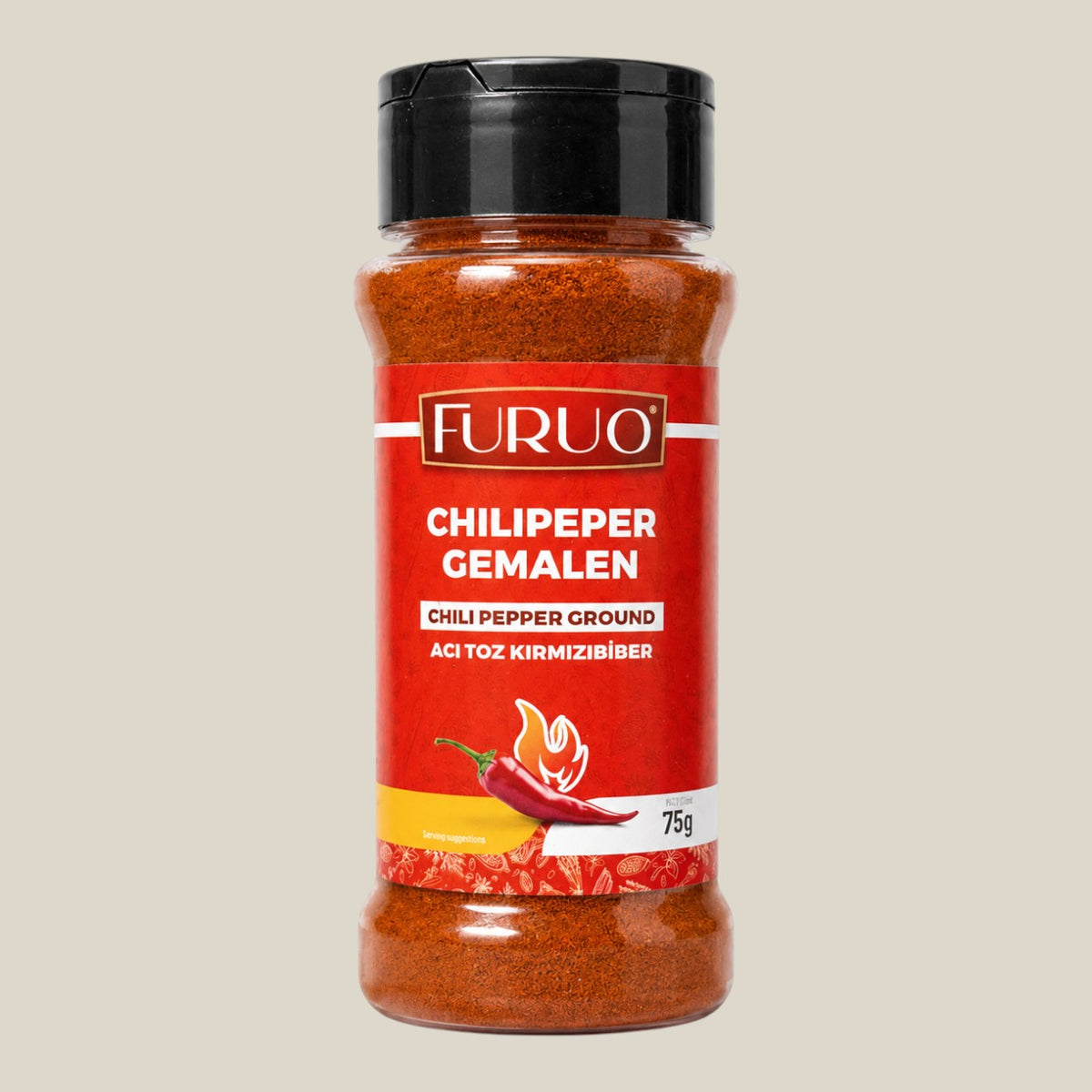 TuanaShop BV Furuo gemalen chilipeper in een doorzichtige kruidenpot met zwarte dop en rood etiket