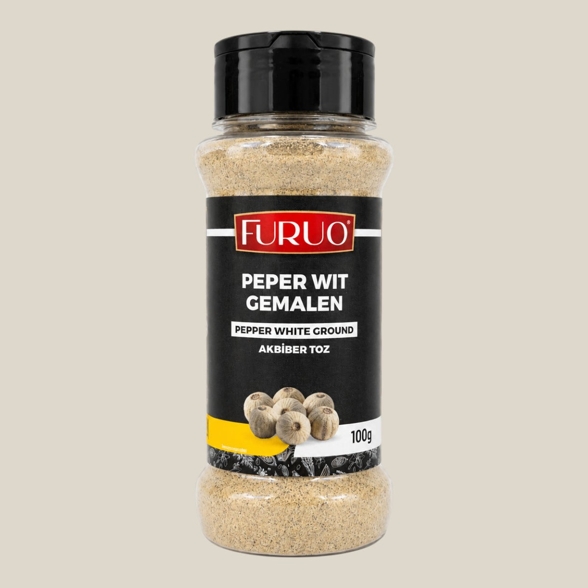 TuanaShop BV Furuo gemalen witte peper in een transparante kruidenpot van 100 gram met zwarte schroefdop.