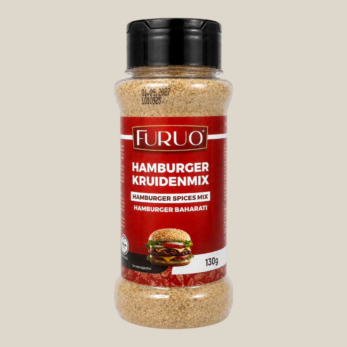 TuanaShop BV Furuo Hamburger Kruidenmix in een doorzichtige strooibus met rode wikkel en afbeelding van een burger