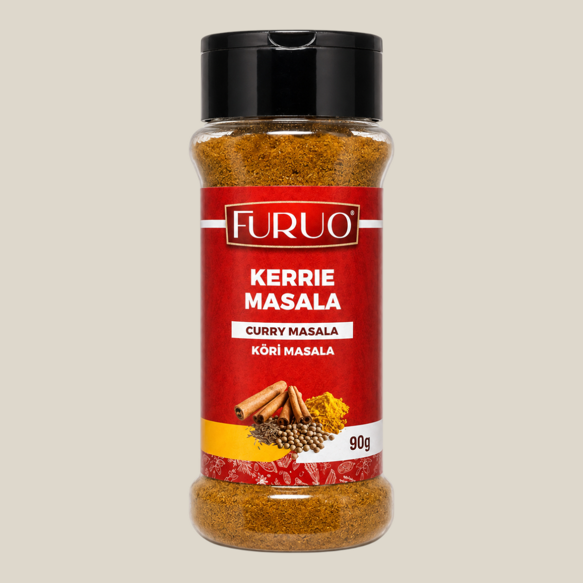 TuanaShop BV Furuo Kerrie Masala kruidenmix in een transparante strooibus van 90 gram met rood etiket