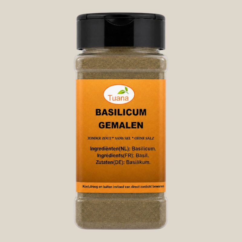 TuanaShop BV potje met fijn gemalen gedroogde basilicum, een aromatisch kruid voor pasta en sauzen.