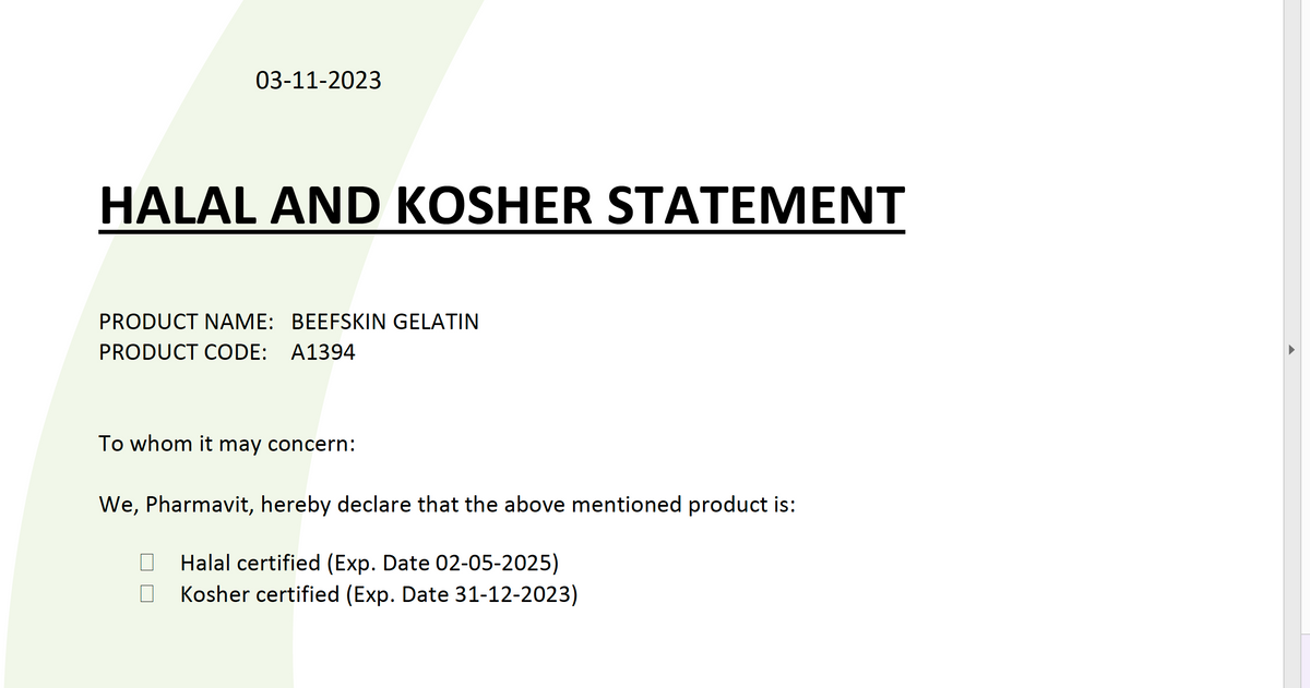 TuanaShop BV Halal en Kosher certificaat voor rundergelatine poeder met productinformatie en vervaldata.