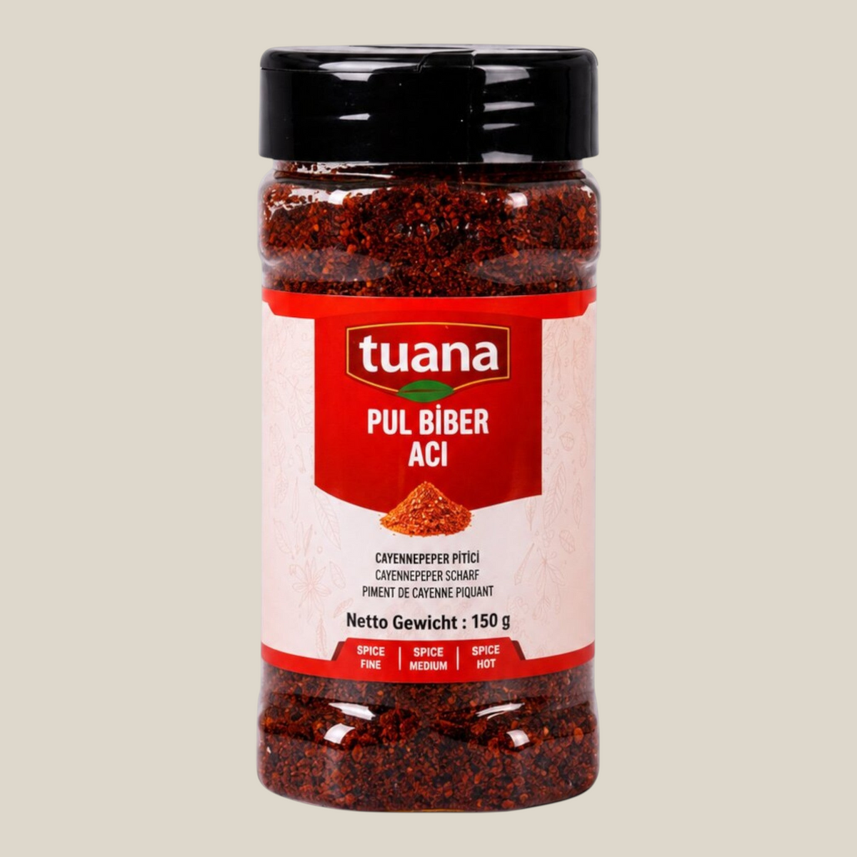 TuanaShop BV Pul Biber pittige Turkse chilivlokken in een doorzichtige kruidenpot van 150 gram
