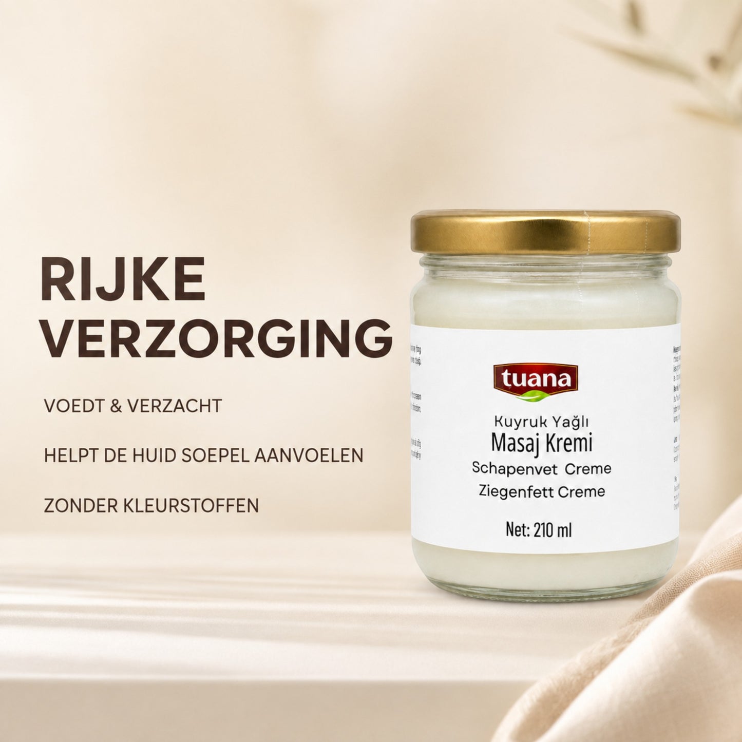 TuanaShop BV schaapstaartvet crème in een glazen pot van 210 ml voor intensieve huidverzorging met natuurlijke oliën.