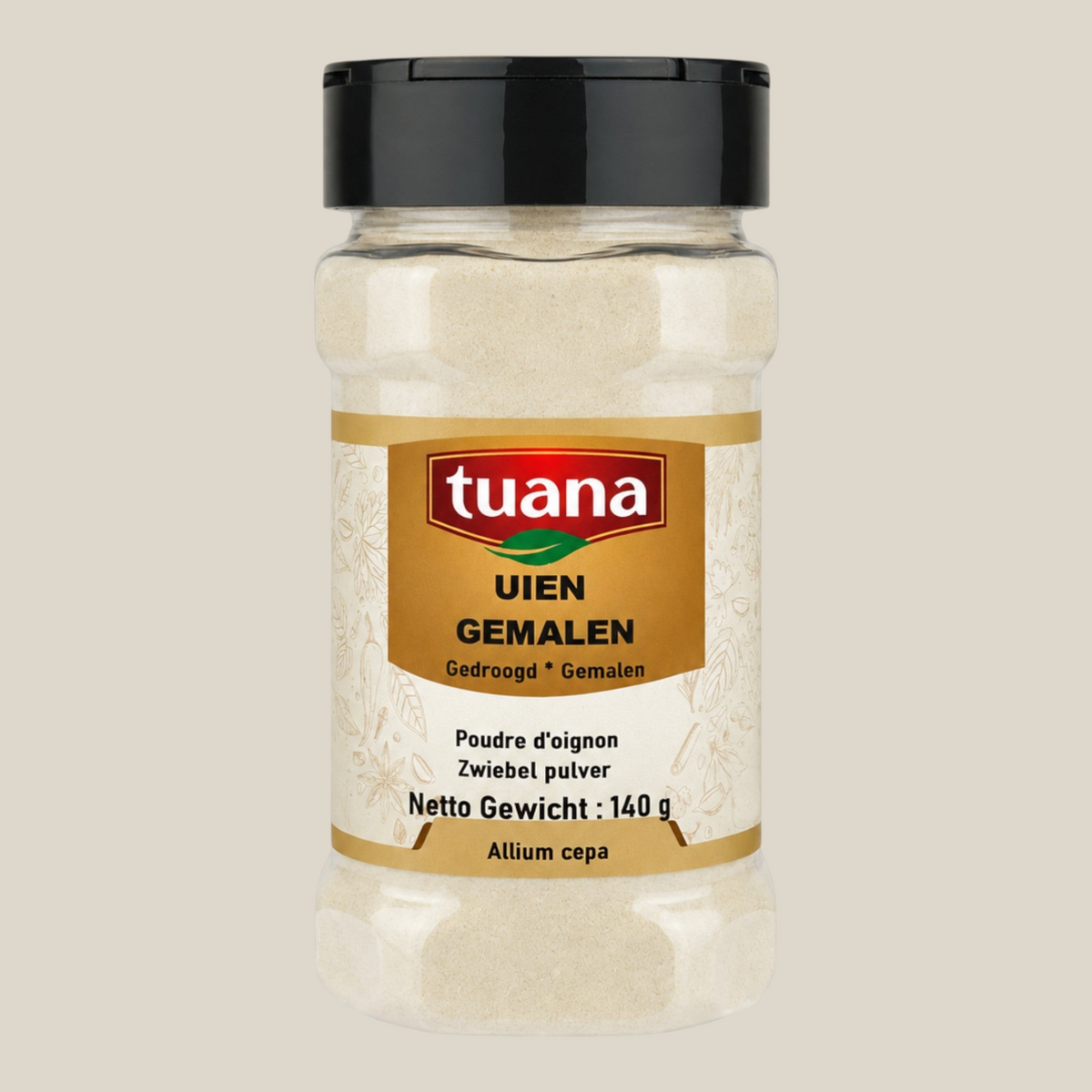 TuanaShop BV uienpoeder in een doorzichtige kruidenpot met zwarte dop voor een hartige smaak in soepen en sauzen.
