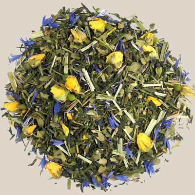 TuanaShop BV Van Gogh Melange groene thee met gele rozenknopjes, korenbloemen en lemongrass in een ronde compositie