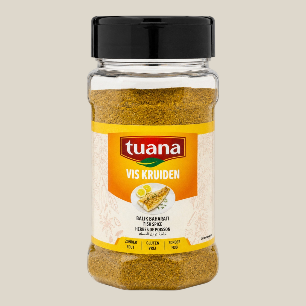 TuanaShop BV viskruiden zonder zout in een doorzichtige pot met zwart deksel en geel etiket