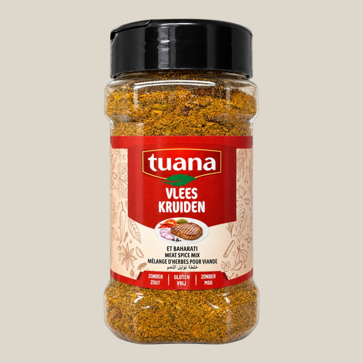 TuanaShop BV vleeskruiden zonder zout in een doorzichtige kruidenpot met zwarte dop en rood etiket.