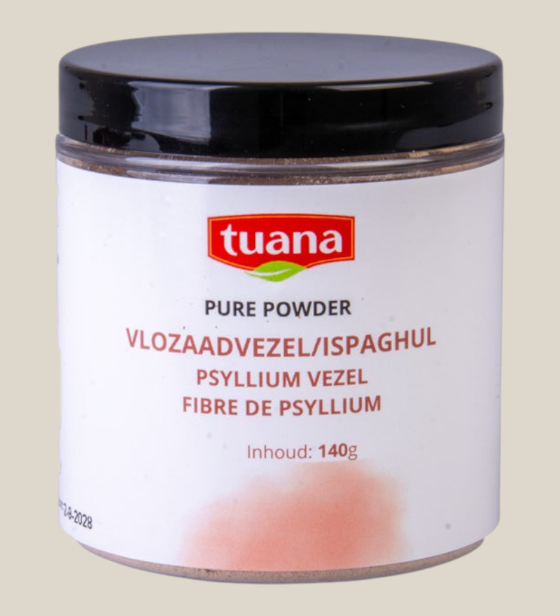 TuanaShop BV Vlozaadvezels Pure Powder in een pot van 140 gram voor een gezonde spijsvertering.