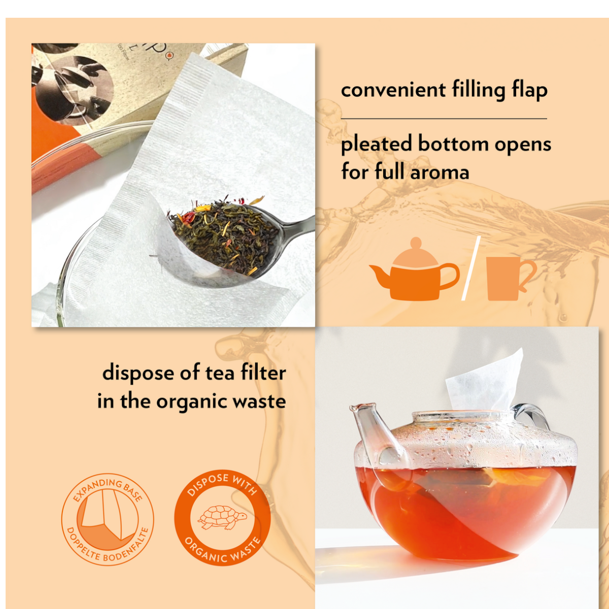 TuanaShop BV theefilters maat L met vulklep en uitvouwbare bodem voor losse thee, biologisch afbreekbaar