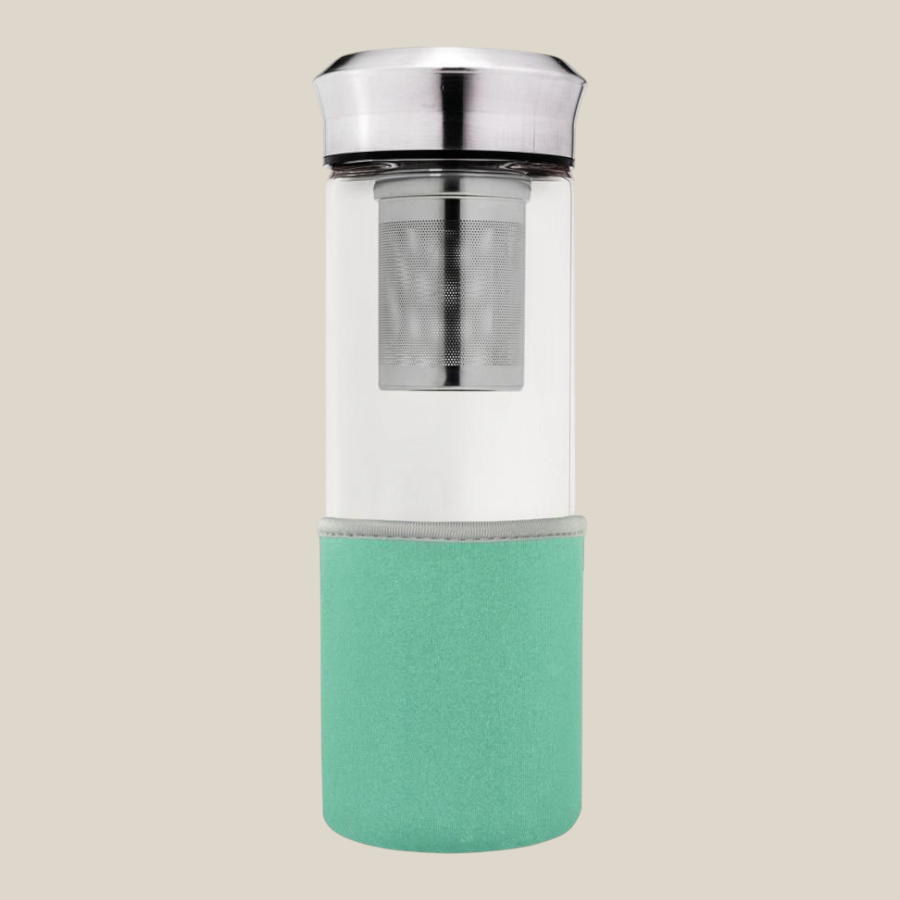 TuanaShop BV theemaker van 400ml met turquoise neopreen hoes, roestvrijstalen filter en deksel voor losse thee.
