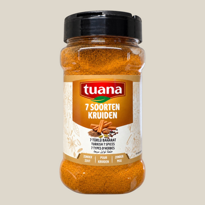 TuanaShop BV 7 Soorten Kruidenmix in een doorzichtige pot, een zoutvrije aromatische mix van zeven specerijen.