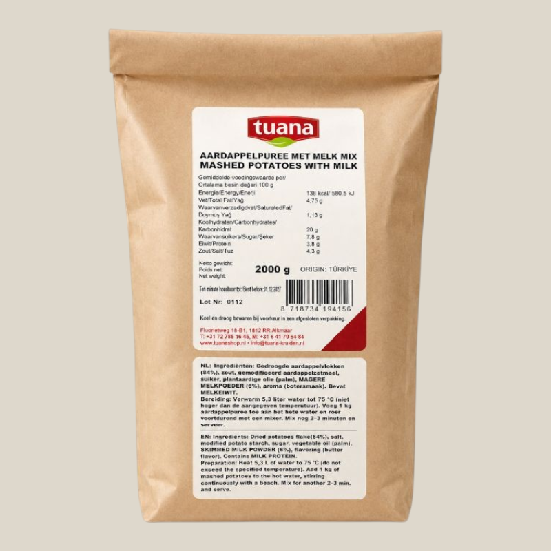 TuanaShop BV aardappelpuree met melkpoeder in een bruine papieren verpakking van 2000 gram