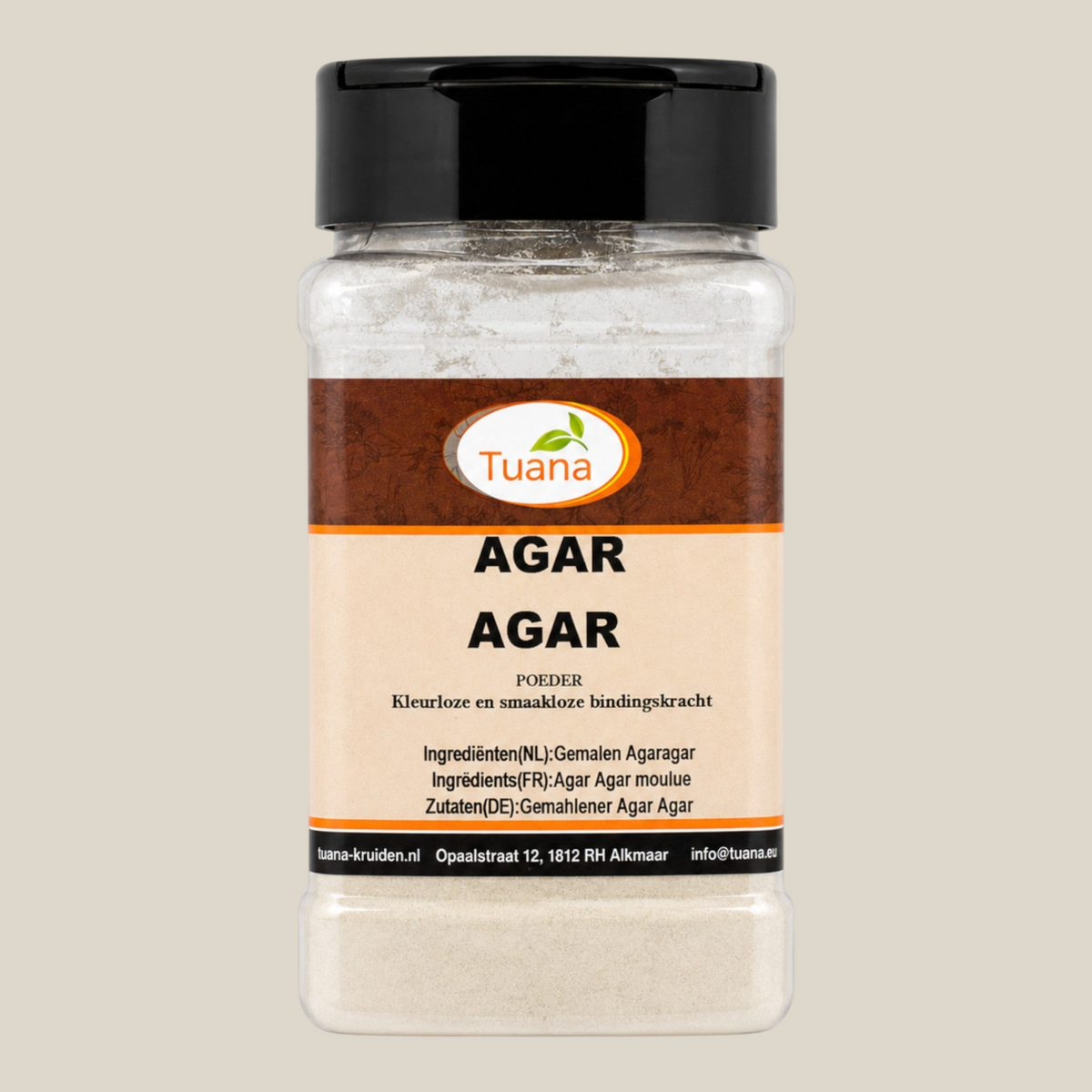 TuanaShop BV Agar Agar poeder in een doorzichtige kruidenpot met zwart deksel, natuurlijk plantaardig geleermiddel.