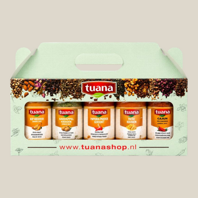 TuanaShop BV airfryer kruidenpakket met vijf potjes kruidenmixen voor kip, aardappelen en friet in cadeauverpakking.