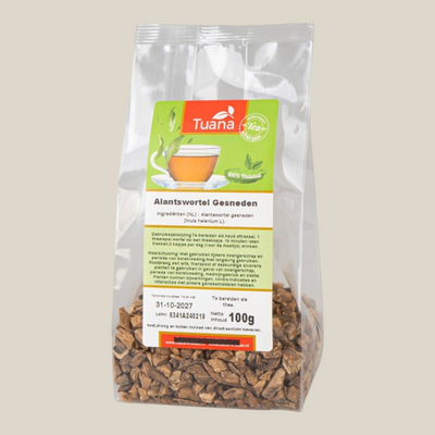 TuanaShop BV Alant wortel gesneden in een doorzichtige verpakking van 100 gram voor kruidenthee
