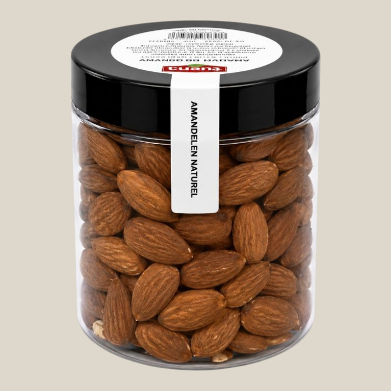 TuanaShop BV pot met 200g natuurlijke, ongebrande en ongezouten amandelen in een transparante verpakking.