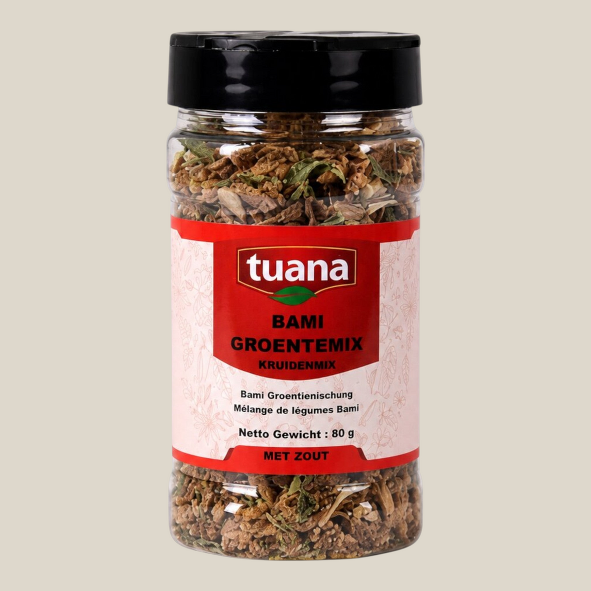 TuanaShop BV Bami Groentemix in een doorzichtige kruidenpot met zwarte dop voor Aziatische gerechten