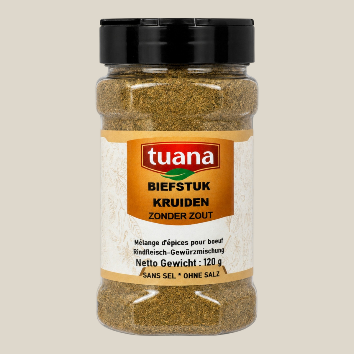 TuanaShop BV biefstuk kruidenmix zonder zout in een glazen pot van 120 gram voor rood vlees.