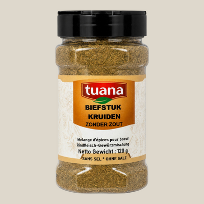 TuanaShop BV biefstuk kruidenmix zonder zout in een glazen pot van 120 gram voor rood vlees.