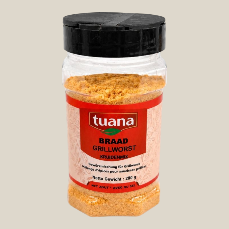 TuanaShop BV Braad Grillworst kruidenmix in een transparante strooibus van 200 gram voor vleesgerechten