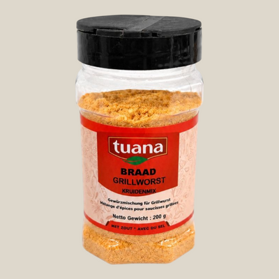 TuanaShop BV Braad Grillworst kruidenmix in een transparante strooibus van 200 gram voor vleesgerechten