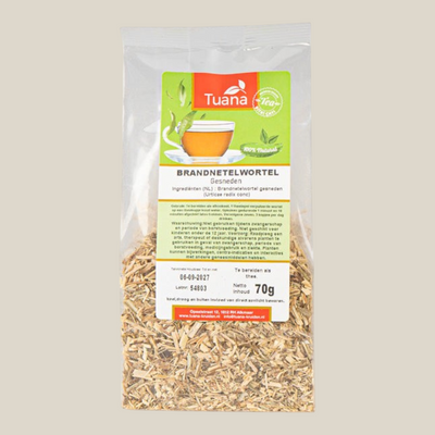 TuanaShop BV gedroogde brandnetelwortel in doorzichtige verpakking voor thee, 70g