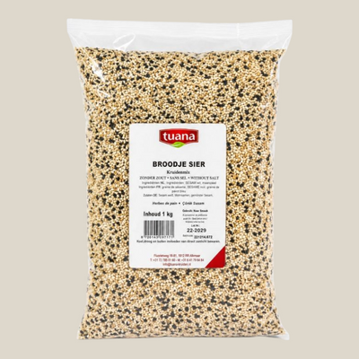 TuanaShop BV Broodje Sier zadenmix met sesamzaad, nigellazaad en maanzaad in een transparante verpakking van 1 kg.