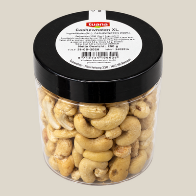TuanaShop BV pot met ongebrande en ongezouten XL cashewnoten uit Vietnam, 250 gram verpakking