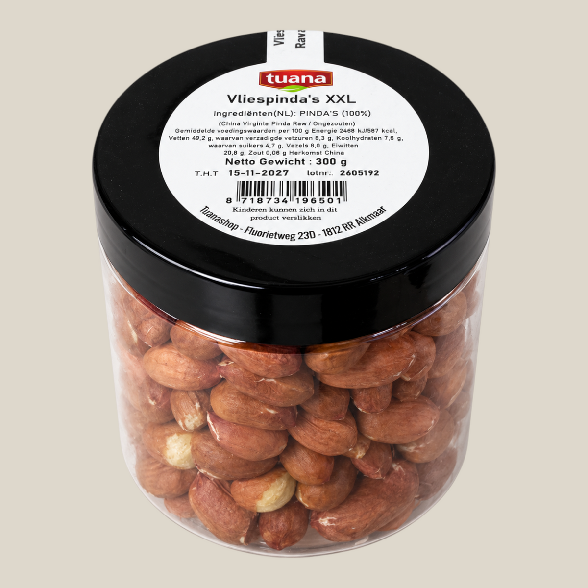 TuanaShop BV Vliespinda's XXL in een transparante pot met zwart deksel en productinformatie op het etiket.
