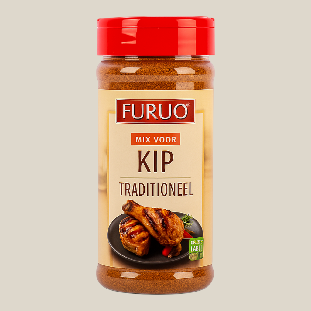TuanaShop BV Furuo kruidenmix voor traditionele kip in een transparante pot met rode dop en etiket met kipafbeelding