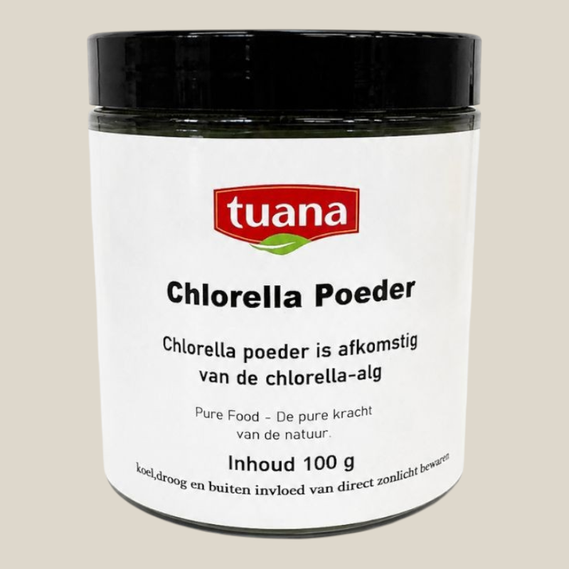 TuanaShop BV Chlorella Poeder in een pot van 100 gram, een puur groen algenpoeder voor smoothies en supplementen.