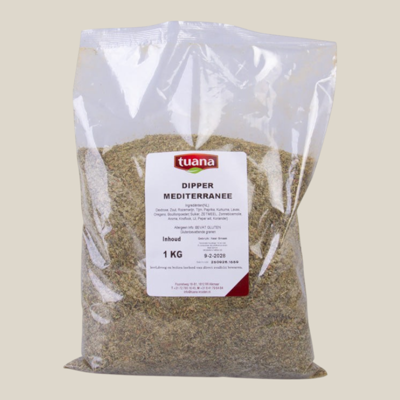 TuanaShop BV Dipper Mediterranee kruidenmix in een transparante verpakking van 1 kg met mediterrane specerijen