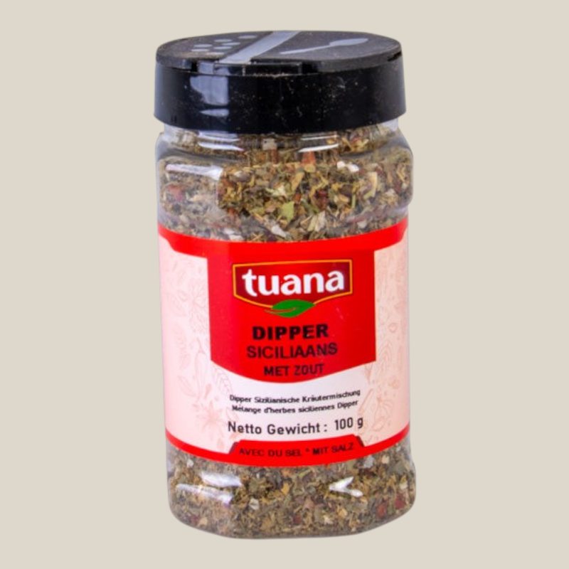 TuanaShop BV Siciliaanse kruidenmix in een doorzichtige pot met zwarte dop voor dips en marinades.