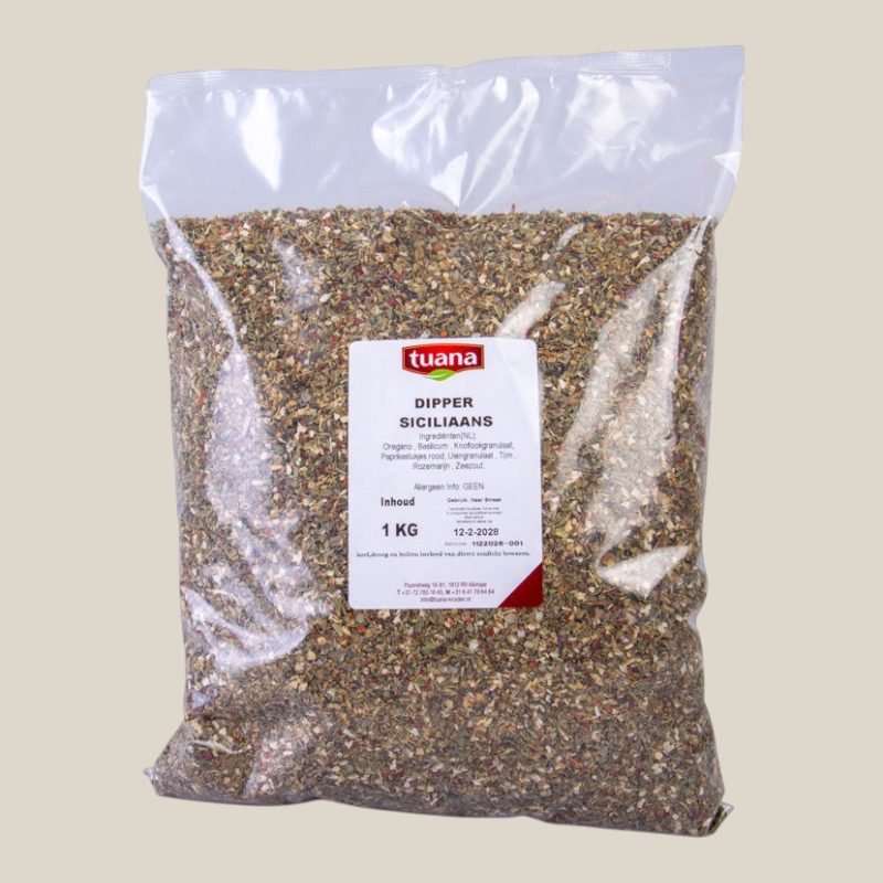 TuanaShop BV Siciliaanse kruidenmix in een transparante 1kg verpakking met mediterrane specerijen en kruiden.